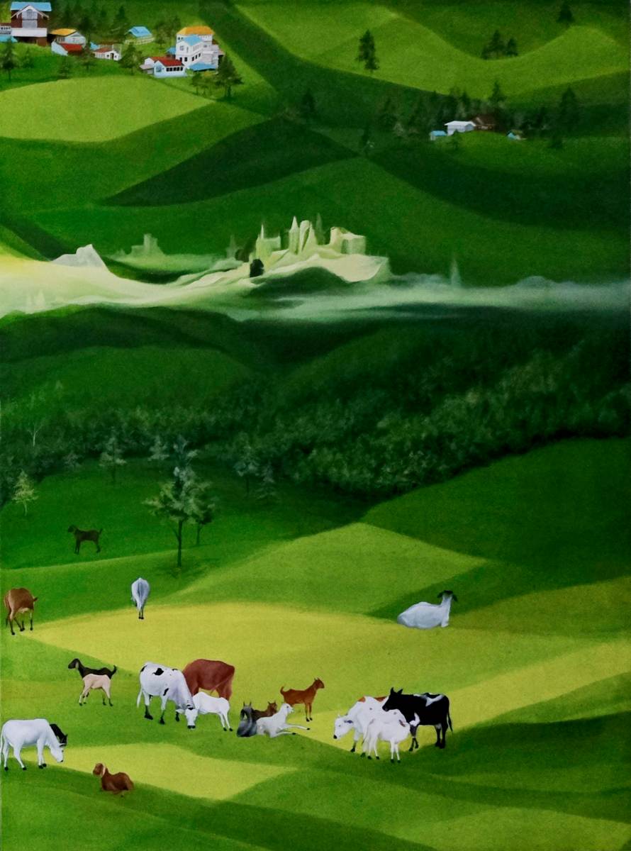 One panel of a green landscape painting, with cows and goats on rolling hills
