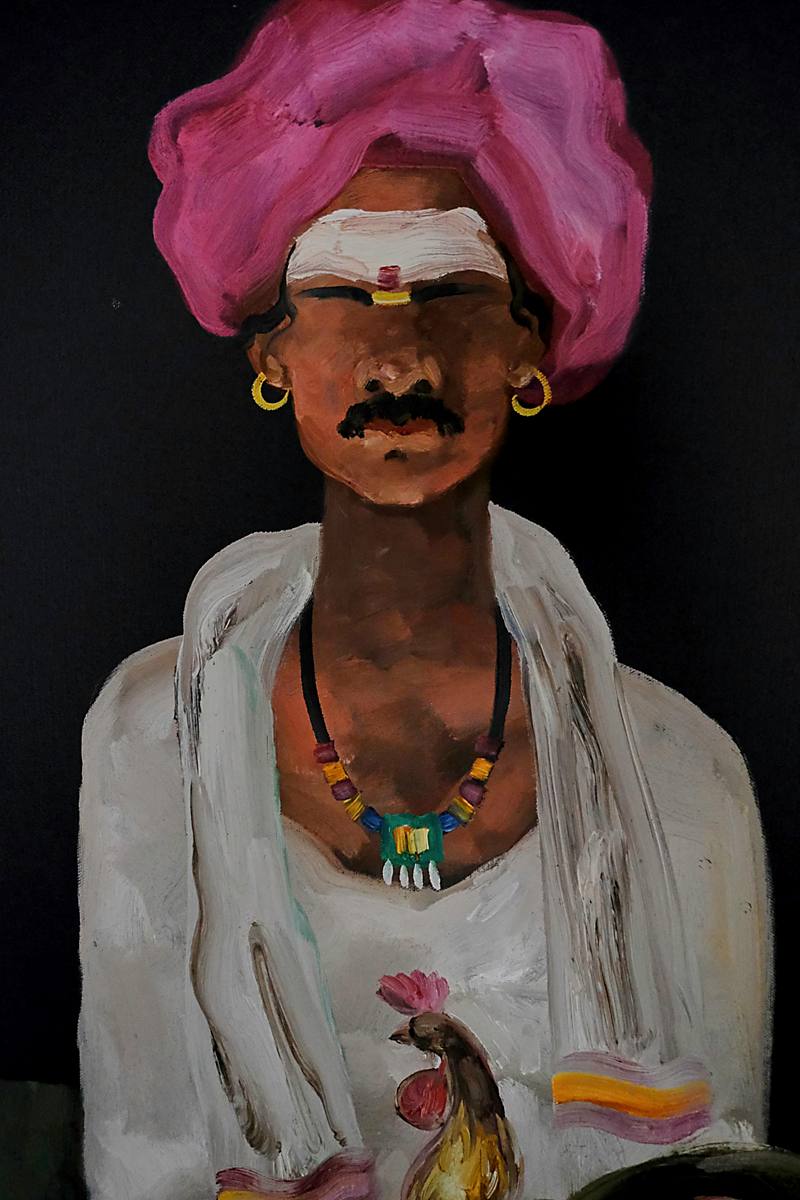 A painted portrait of a man in a pink turban holding a rooster