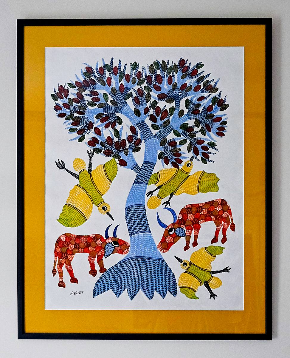 A painting of a blue tree with orange animals on a yellow ground