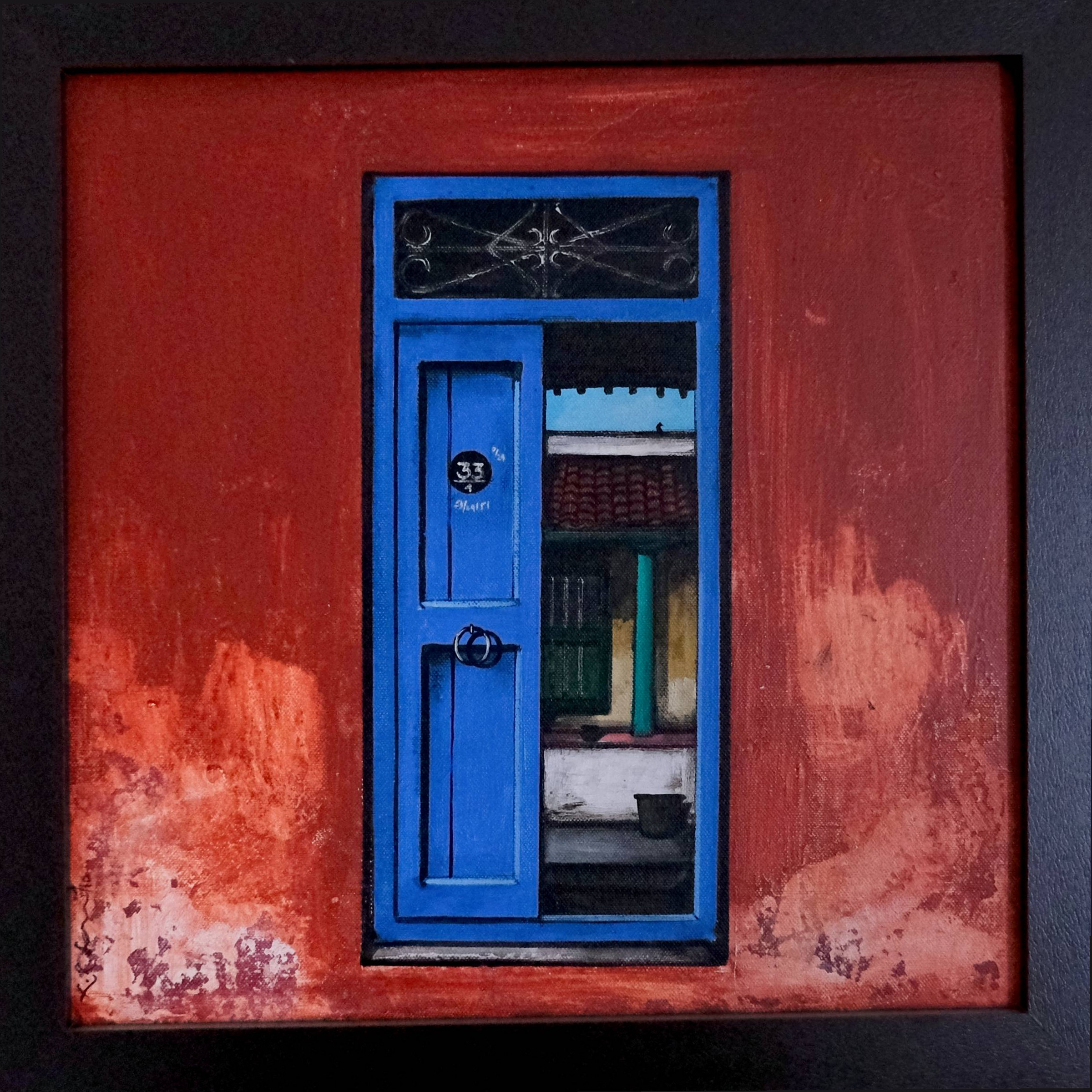 A painting of a bright blue door set in a deep red wall