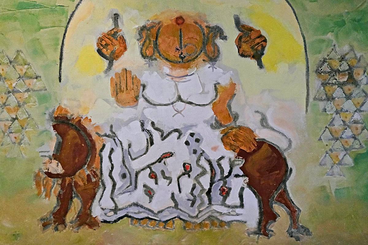 A painting of a seated white-robed figure with an animal on either side